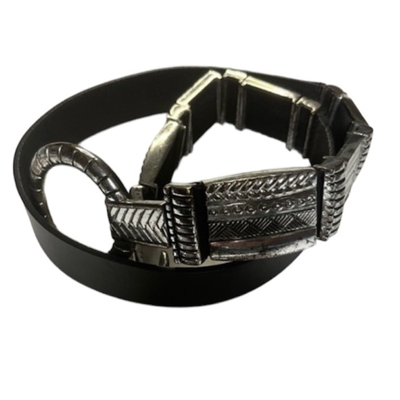 Chico's Leather Silver Black Boho Stretchy Y2K Artsy eclectic Sz Medium has wear - Picture 1 of 16